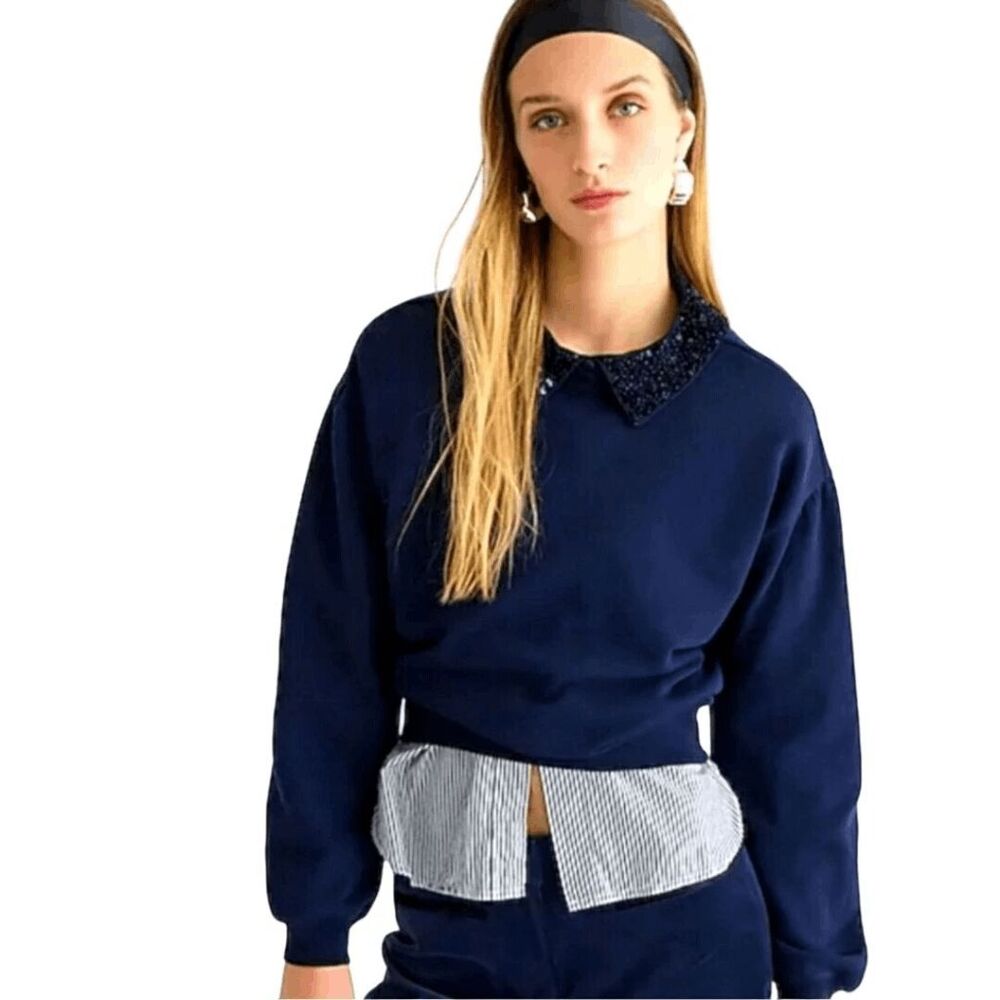 NWT J. Crew Navy Blue Crystal Embellished Crewneck Sweatshirt Women's Size Large